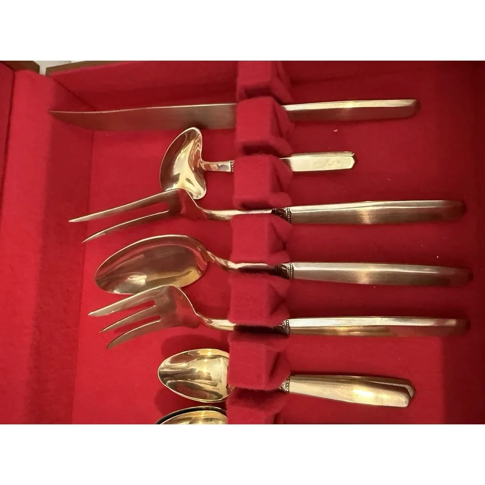 Vintage Thai Brass Flatware Set. Service For 8 29 Piece Set Gold Tone with Case